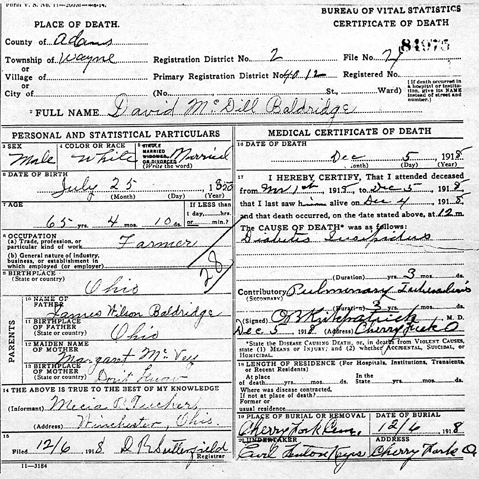 David McDill Baldridge (1853-1918) Death Certificate