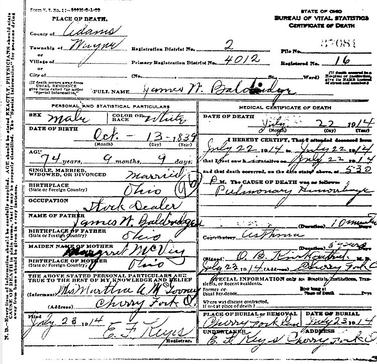 James W. Baldridge (1839-1914) Death Certificate