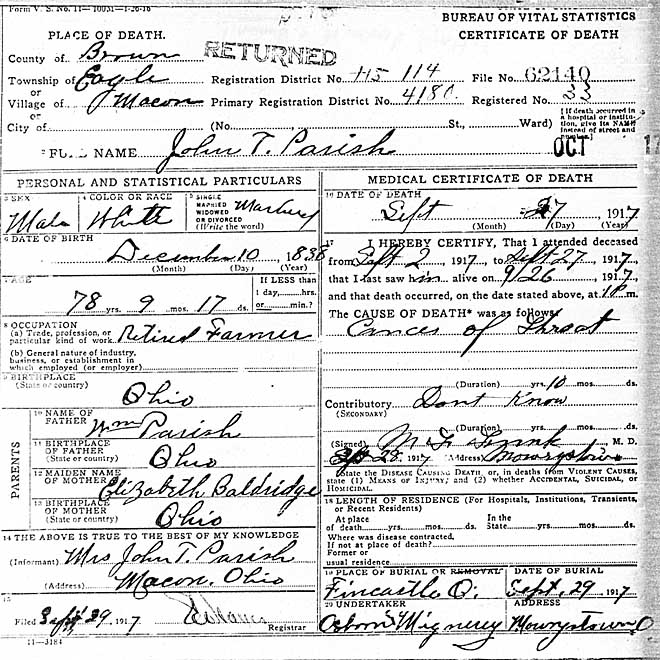 Death Certificate of John Turner Parish (1838-1917)