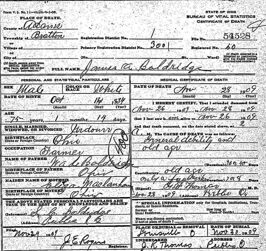 Death Certificate of  James Agnew Baldridge (1834-1909)