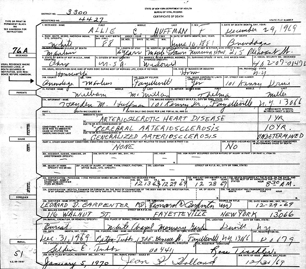 Death Certificate of Allie M. McMillen (1882-1969)