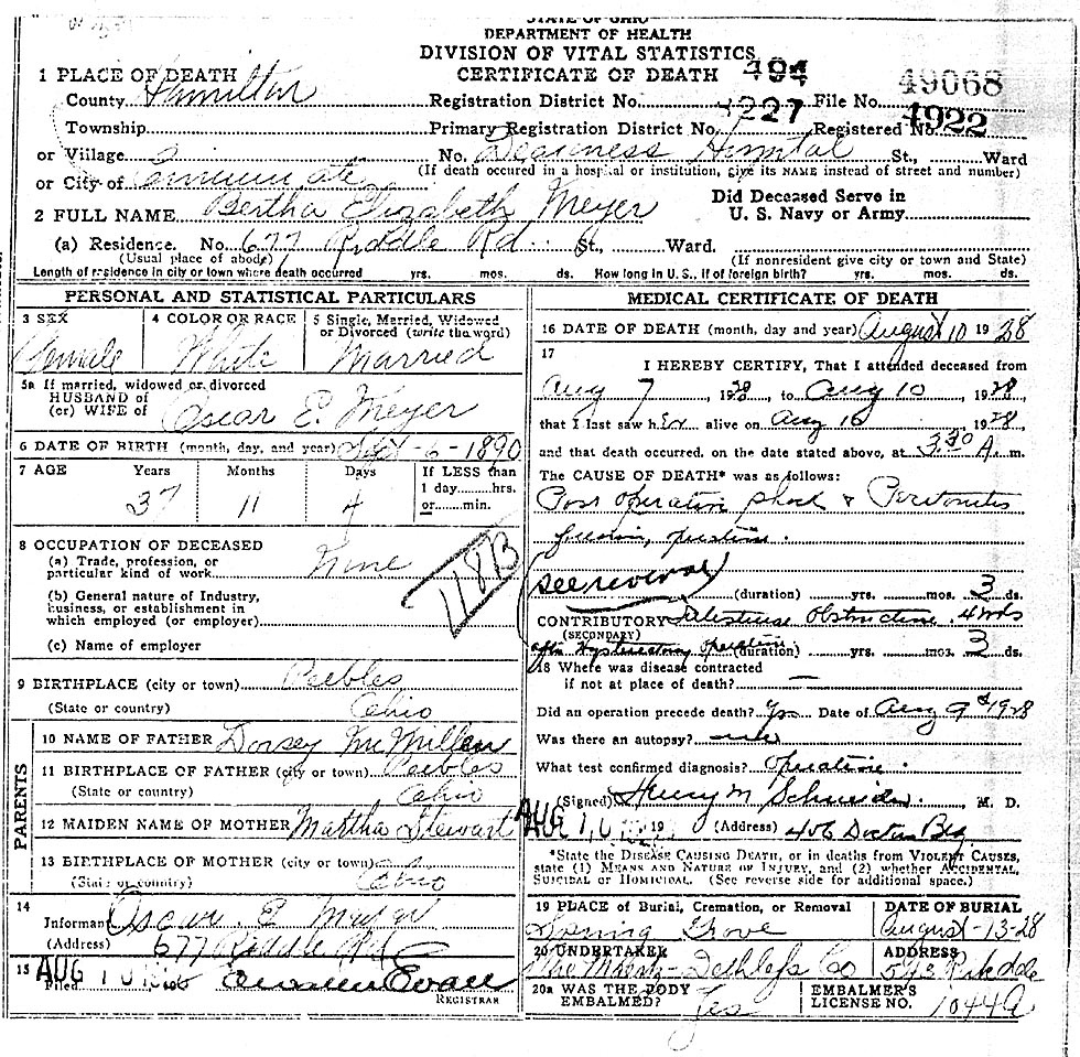 Death Certificate of Bertha Elizabeth McMillen (1890-1928)