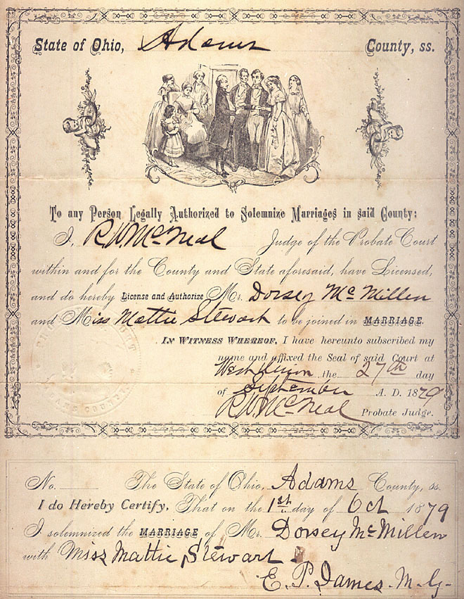 Dorsey Corwin McMillen & Mattie Stewart Marriage Certificate