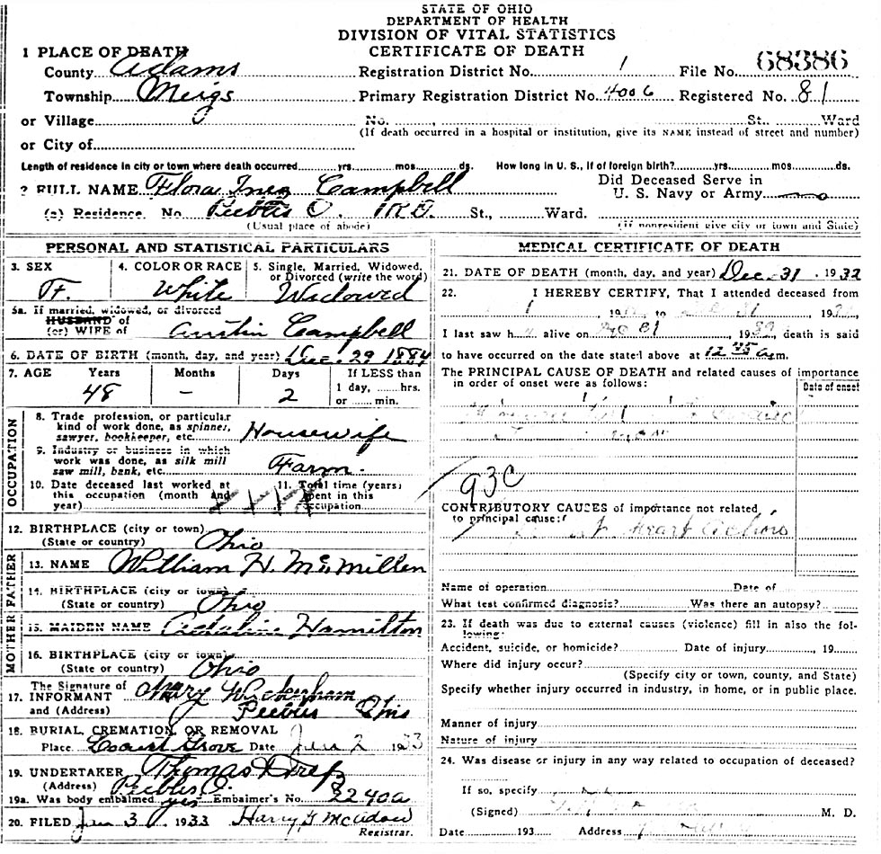 Death Certificate of Flora Inez McMillen (1884-1932)