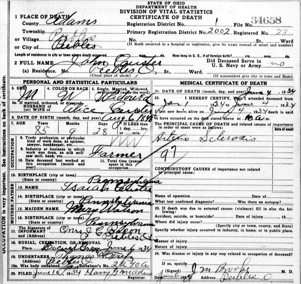 Death Certificate of John  Custer (1849-1934)