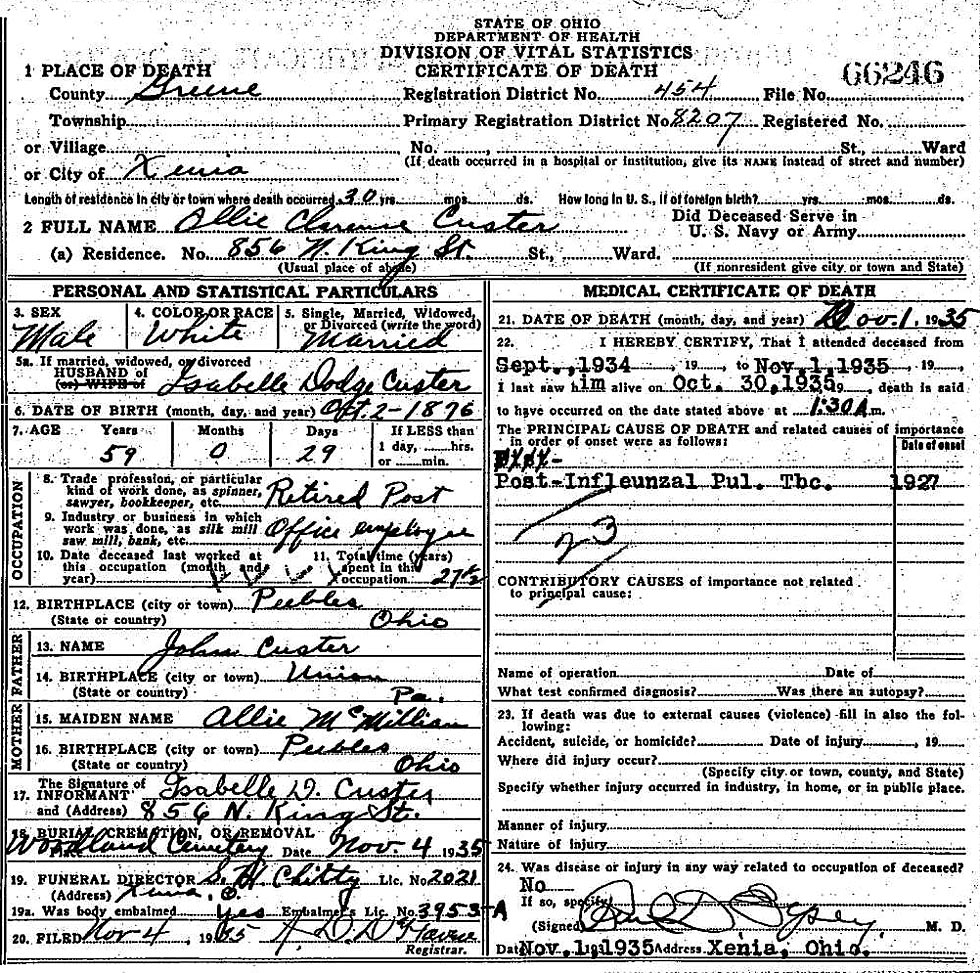 Death Certificate of Oliver (Ollie) Clarence Custer (1876-1935)