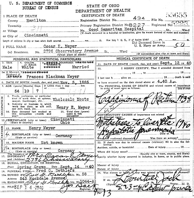 Death Certificate of Oscar E. Meyer (1885-1940)