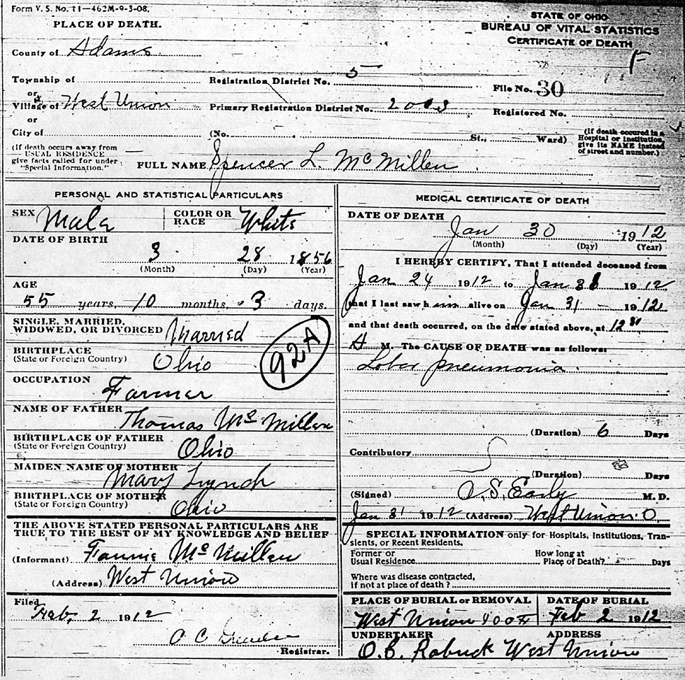 Spencer L. McMillen (1856-1912) Death Certificate