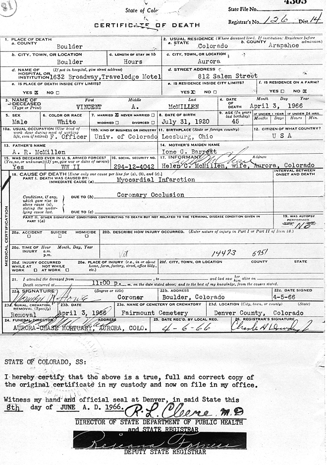 Death Certificate of Vincent Arbay McMillen (1920-1966)