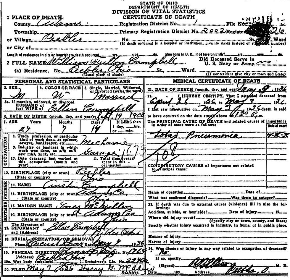 Death Certificate of William Fulton Campbell (1908-1936)