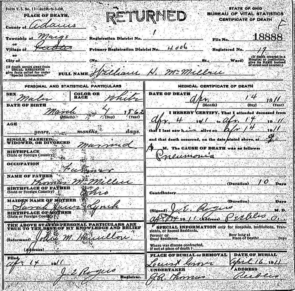 Death Certificate of William H. McMillen (1862-1911)