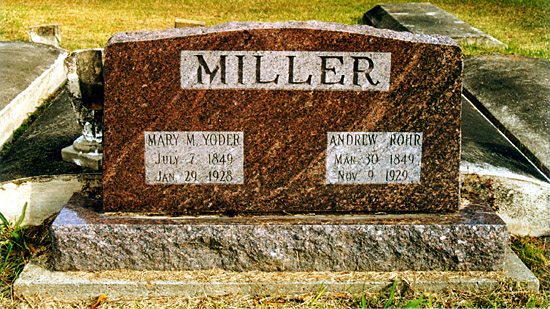 Gravestone of Andrew Rohrer Miller (1849-1929) and Mary Magdeline Yoder (1849-1928), Oaklawn cemetery, Welsh, Louisiana