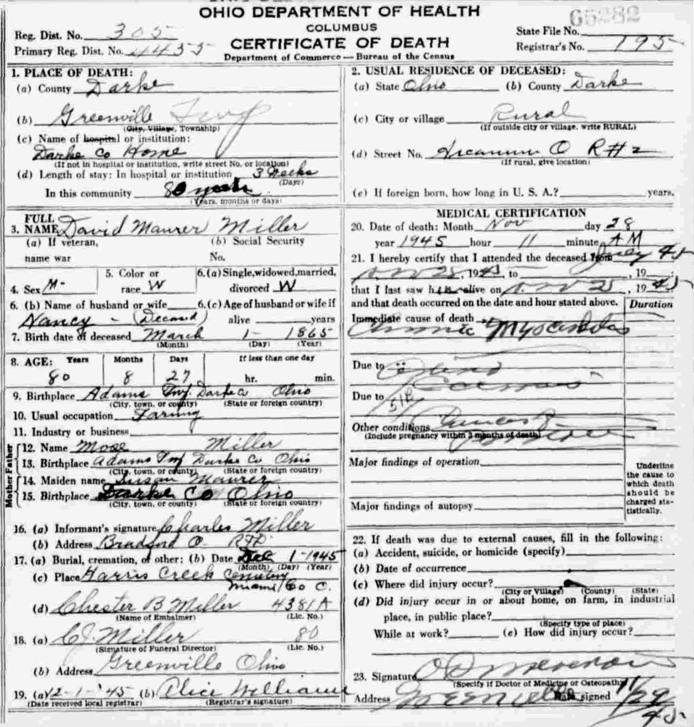 Death Certificate of David Maurer Miller (1865-1945)