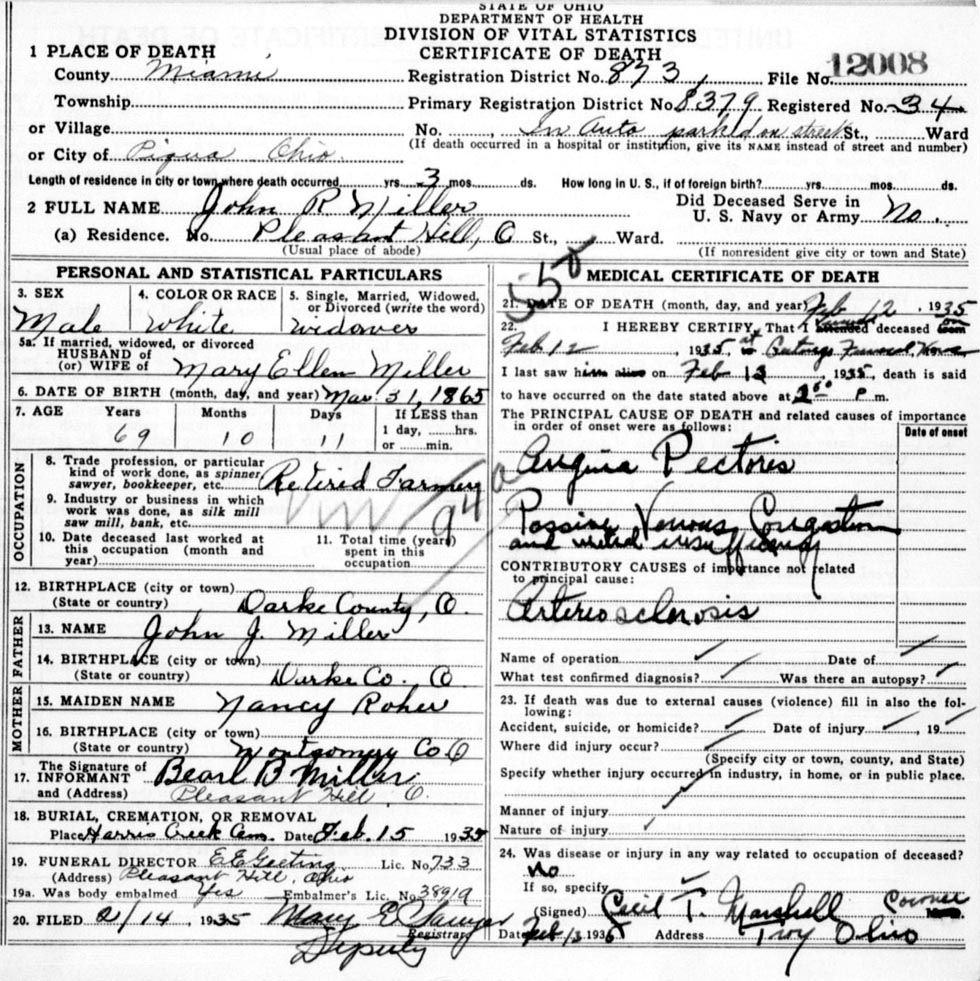 Death Certificate of John Rohrer Miller (1865-1935)