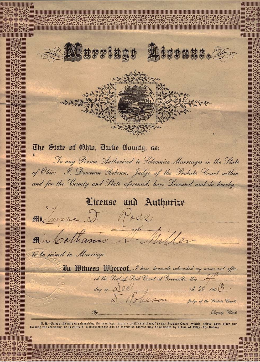 Marriage Certificate of I1 Catherine S. Miller & Linus D. Ross