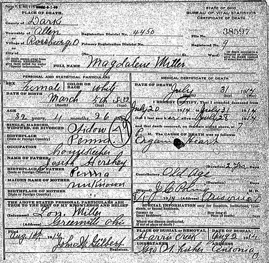 Death Certificate of Magdalena Hersey Miller (1832-1914)