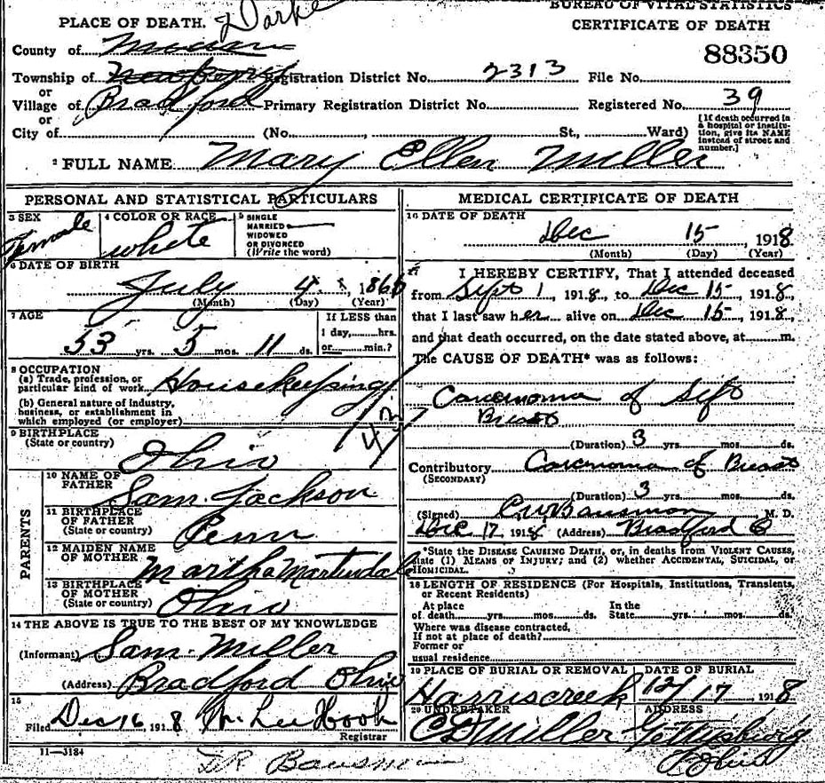 Death Certificate of Mary Ellen (Jackson) Miller (1865-1918)