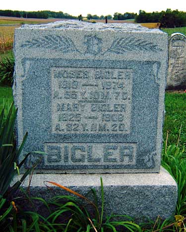 Headstone of Moses Bigler (1818-1874) and Mary Miller (1825-1908), Oakland Cemetery, Adams Township, Darke County, Ohio