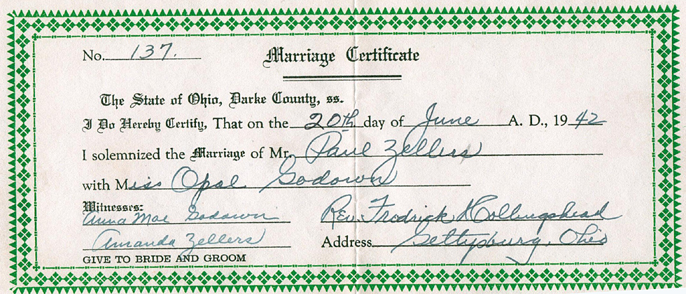 Marriage Certificate of Paul Deo Zeller  and Ida Opal Godown