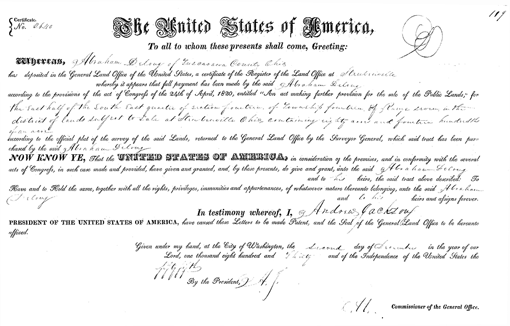 Abraham DeLong  (1796-1871) Land Patent