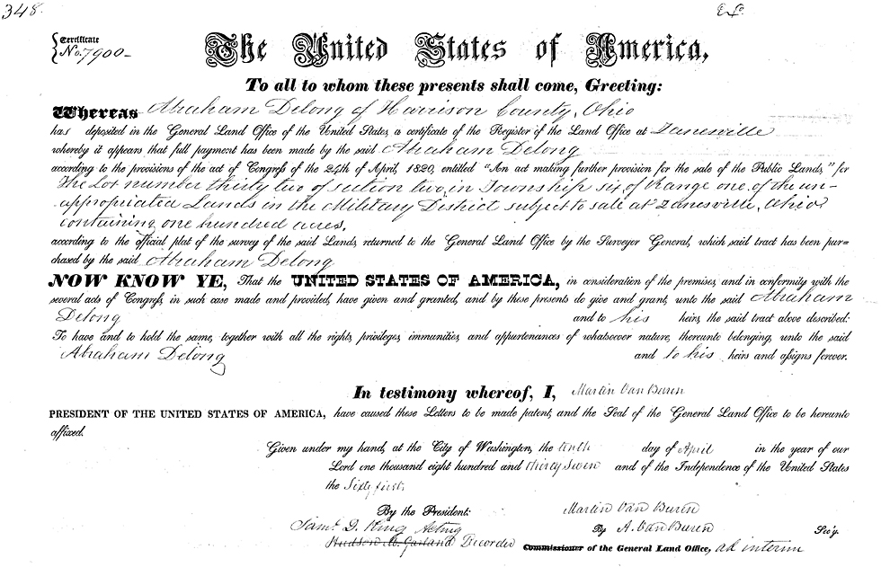 Abraham DeLong  (1796-1871) 1837 Land Patent