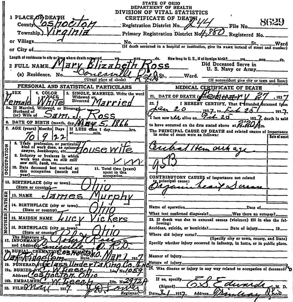 Mary Elizabeth (Murphy) Ross  (1866-1937) Death Certificate