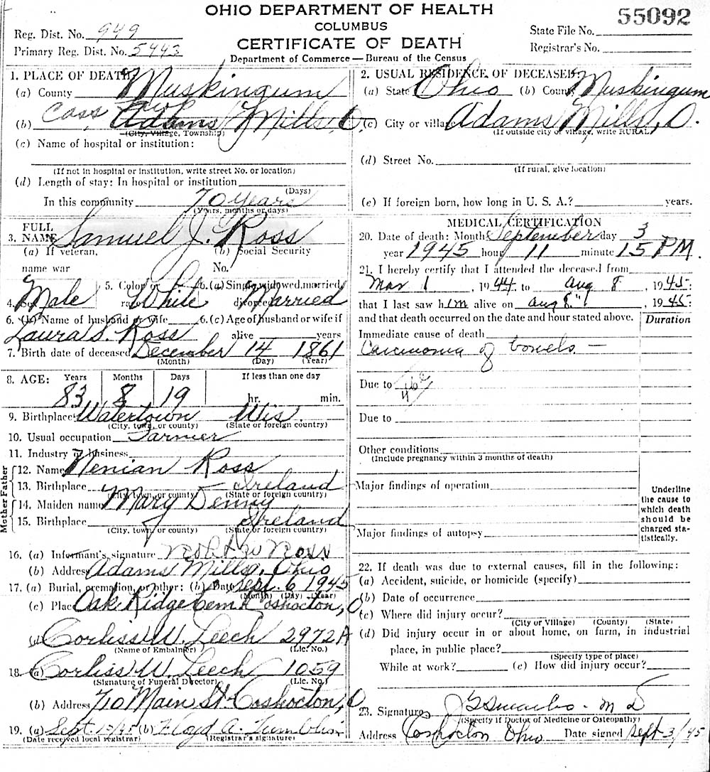 Samuel J. Ross (1861-1945) Death Certificate