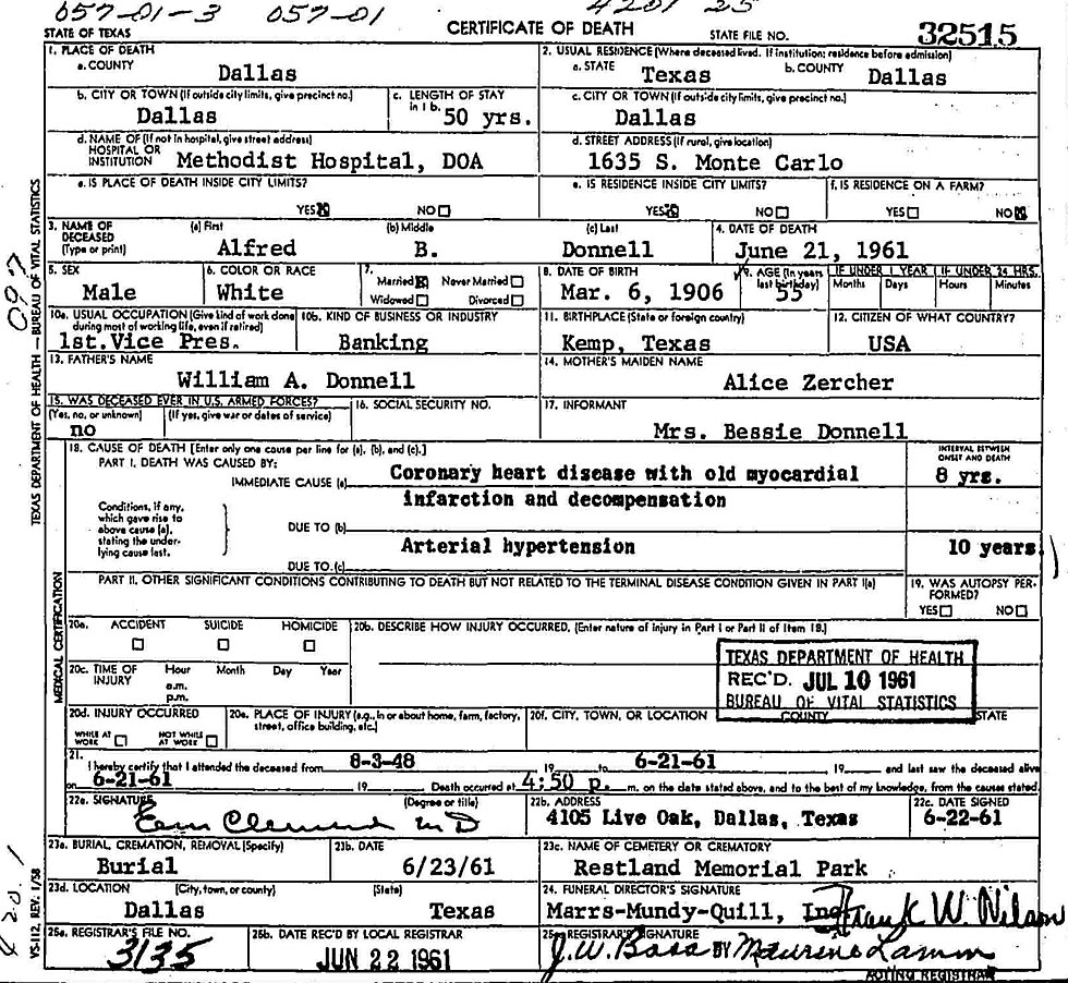 Death Certificate of Alfred Bearce Donnell(1906-1961)