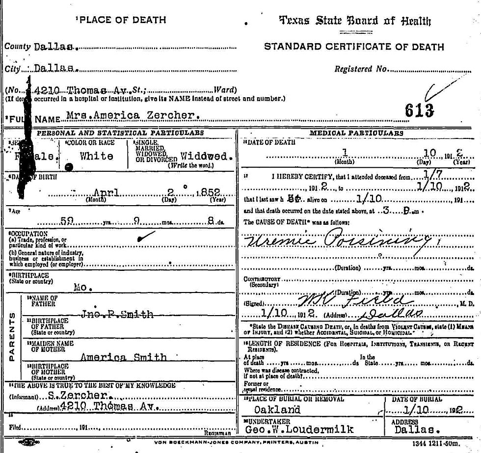 America Kemper  Zercher (1852-1912) Death Certificate