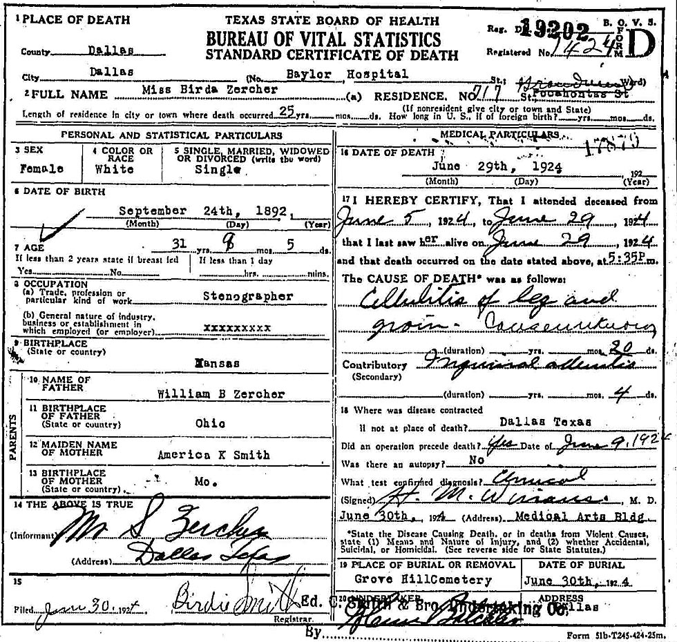 Birda Zercher (1892-1924) Death Certificate<