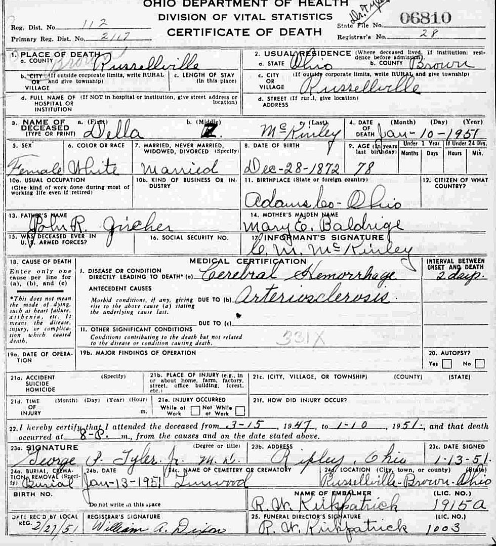 Della Belle Zercher (1872-1951) Death Certificate