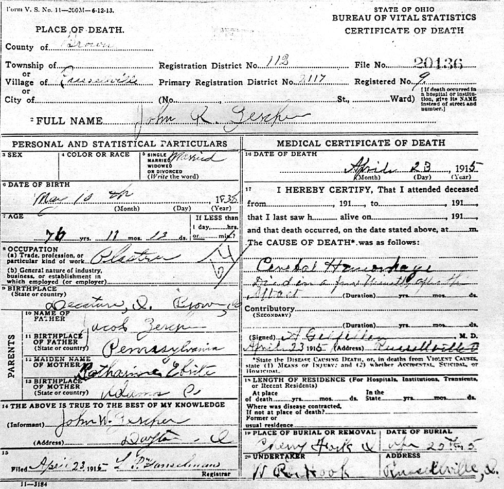 John R. Zercher (1838-1915) Death Certificate