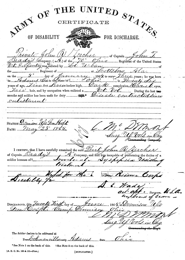 John R. Zercher (1838-1915) Certificate of Disability for Discharge