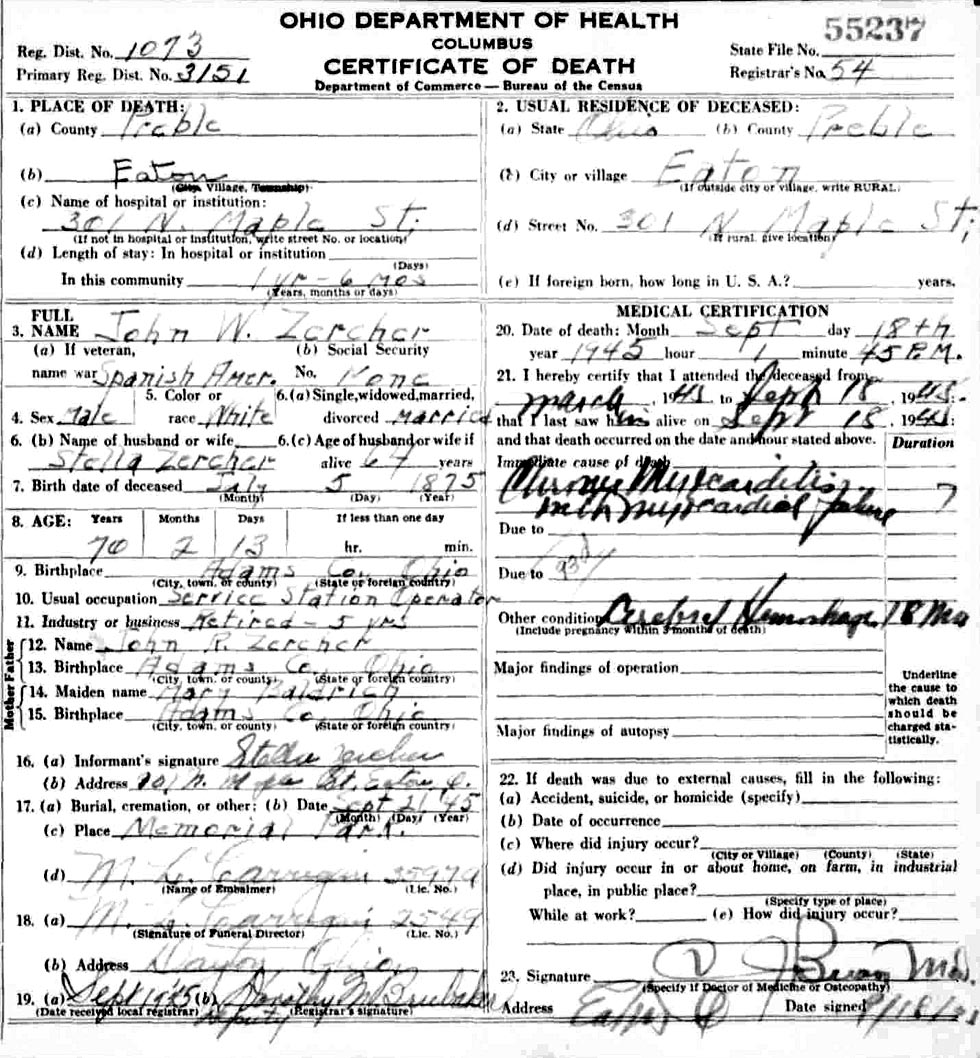 John W. Zercher (1875-1945) Death Certificate<