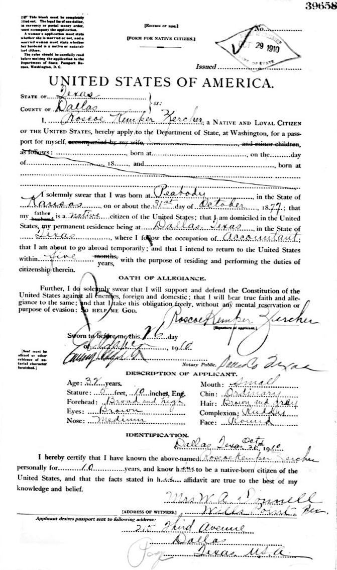 Roscoe Kemper Zercher (1877-1929) Passport Application