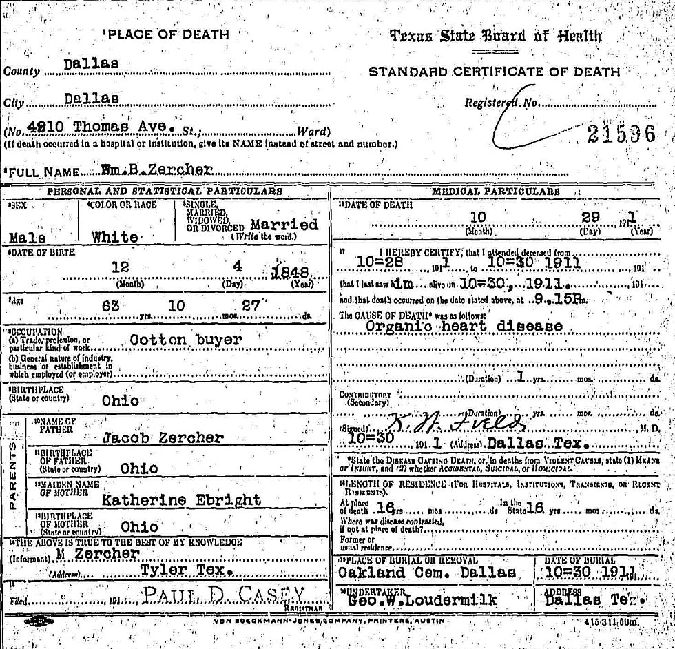 William Bearce Zercher (1847-1911) Death Certificate